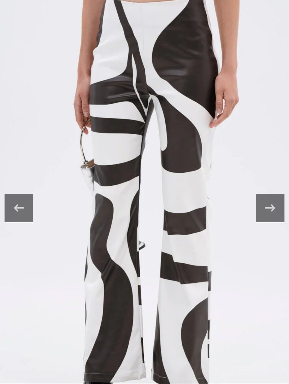 AKIRA Black & White Abstract Wide-Leg Leather Pants.